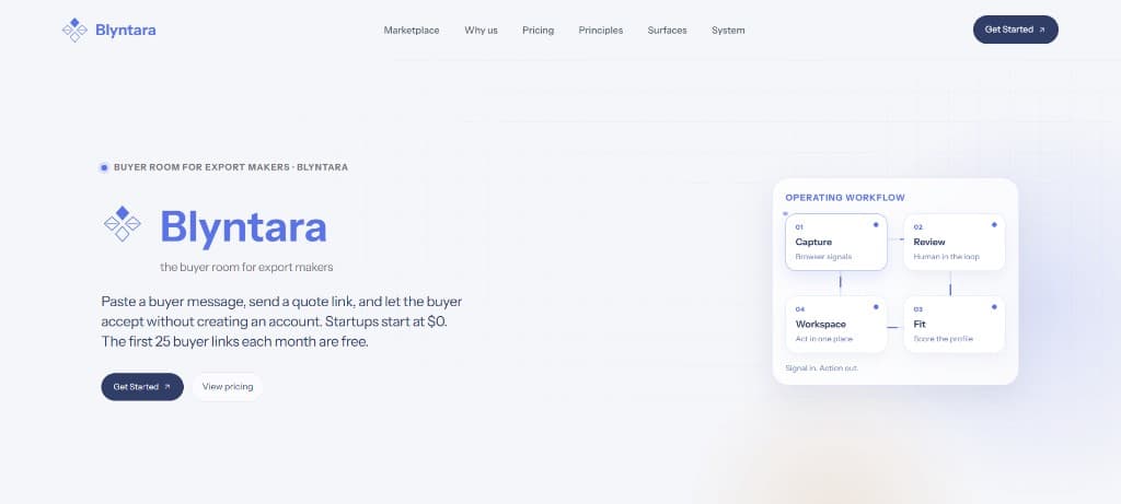 Blyntara buyer room product interface showing its operating workflow